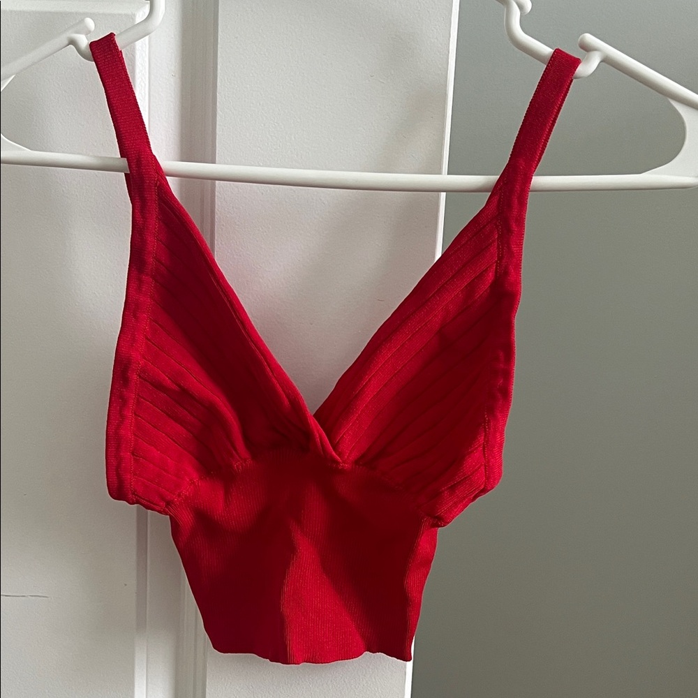 Red Ribbed V-Neck Crop Top